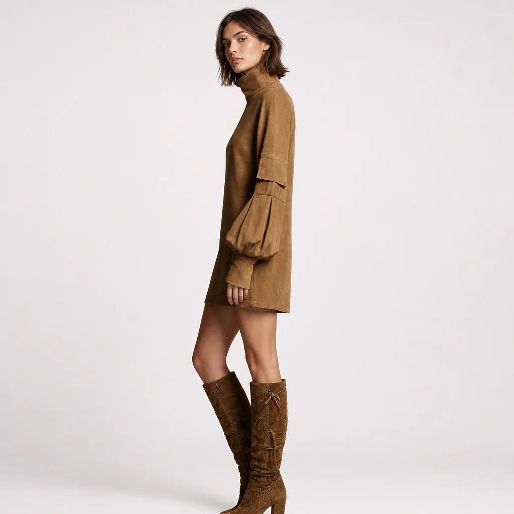 Women's Soft Faux Suede Mini Dress | Vintage Turtleneck Casual Outfit 4