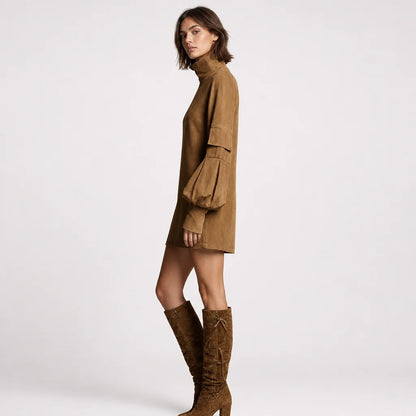 Women's Soft Faux Suede Mini Dress | Vintage Turtleneck Casual Outfit 4