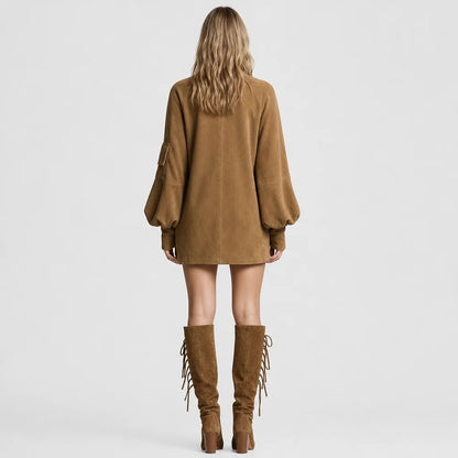 Women's Soft Faux Suede Mini Dress | Vintage Turtleneck Casual Outfit 5
