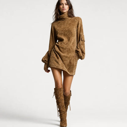 Women's Soft Faux Suede Mini Dress | Vintage Turtleneck Casual Outfit 6