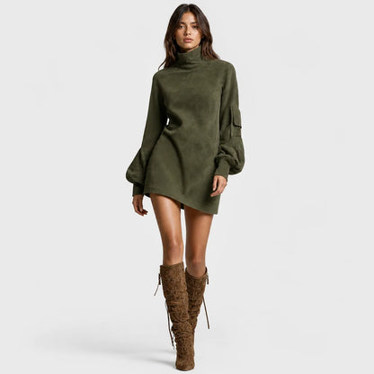 Women's Soft Faux Suede Mini Dress | Vintage Turtleneck Casual Outfit 8