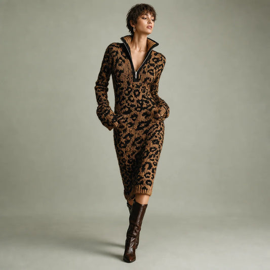 Women's Soft Jacquard Knit Midi Dress | Trendy Leopard Print with Zipper Neck 0