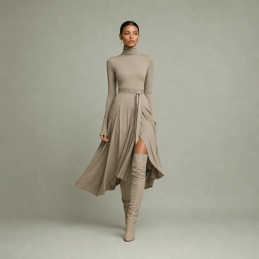 Women's Soft Knit Blend Maxi Dress | Elegant Long Sleeve High Neck Formal Dress 0