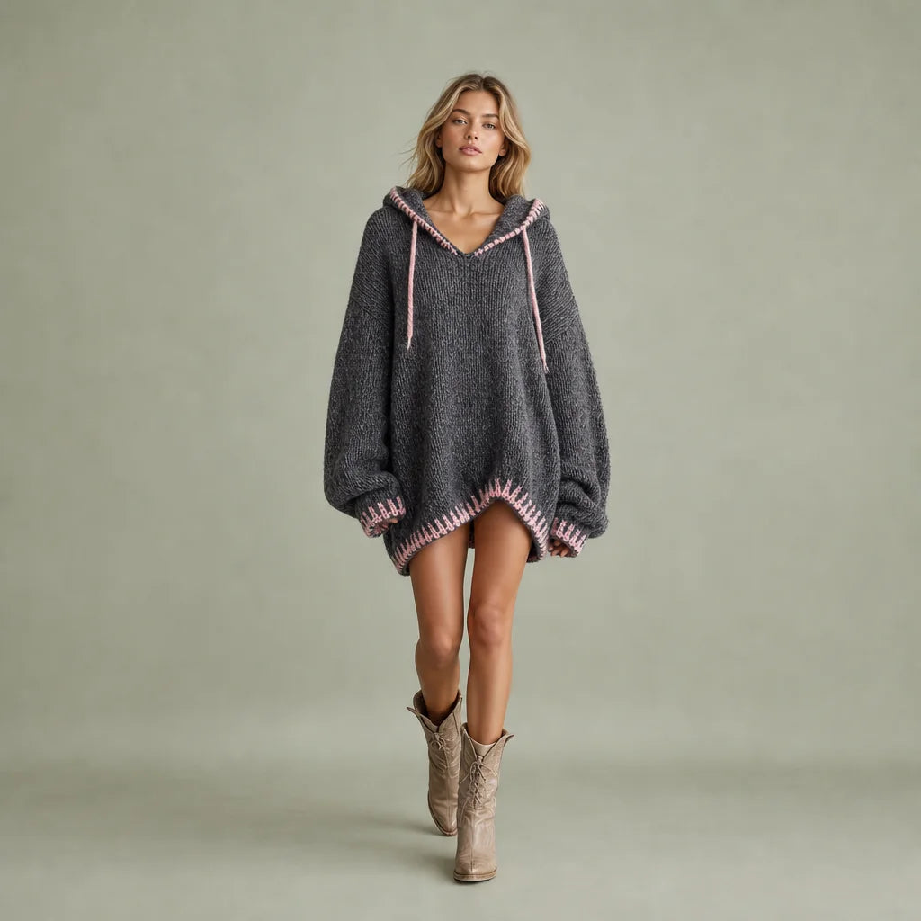 Women's Soft Knit Mini Dress | Casual Hooded Pink Trim Summer Dress 0