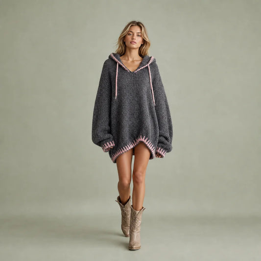 Women's Soft Knit Mini Dress | Casual Hooded Pink Trim Summer Dress 0