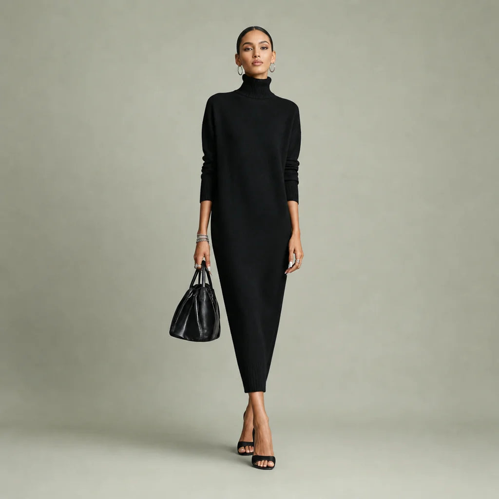 Women's Soft Knitted Midi Dress | Elegant Turtleneck Long Sleeve Loose Fit 0