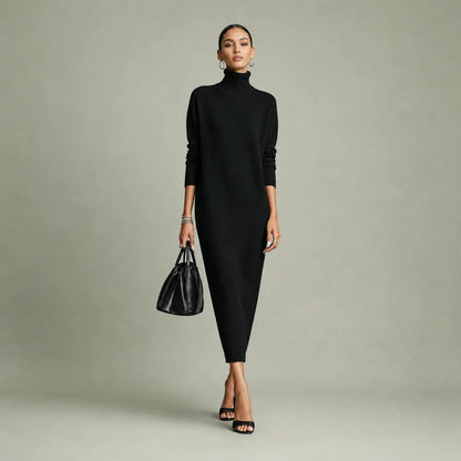 Women's Soft Knitted Midi Dress | Elegant Turtleneck Long Sleeve Loose Fit 0