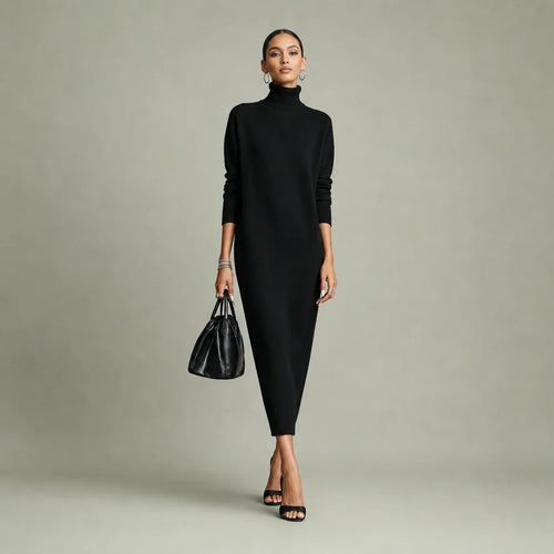 Women's Soft Knitted Midi Dress | Elegant Turtleneck Long Sleeve Loose Fit 0
