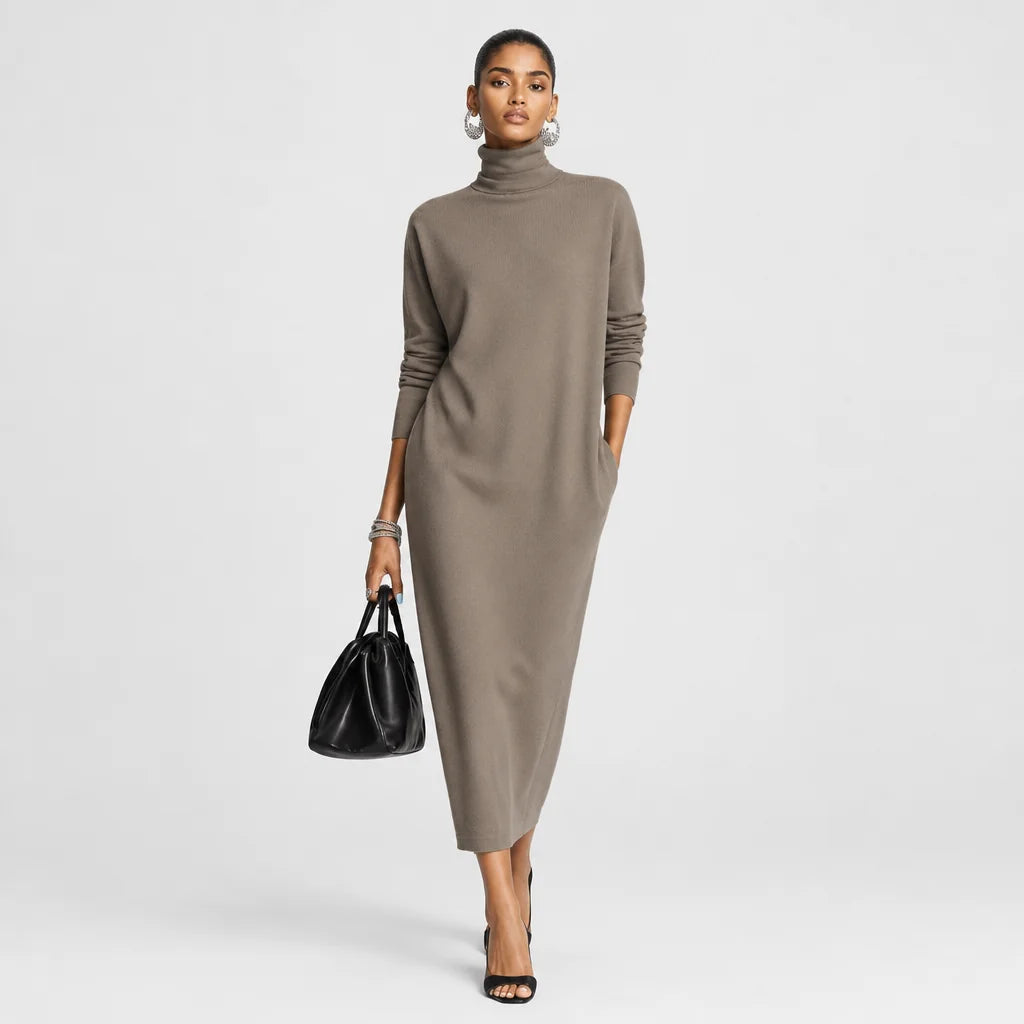 Women's Soft Knitted Midi Dress | Elegant Turtleneck Long Sleeve Loose Fit 2