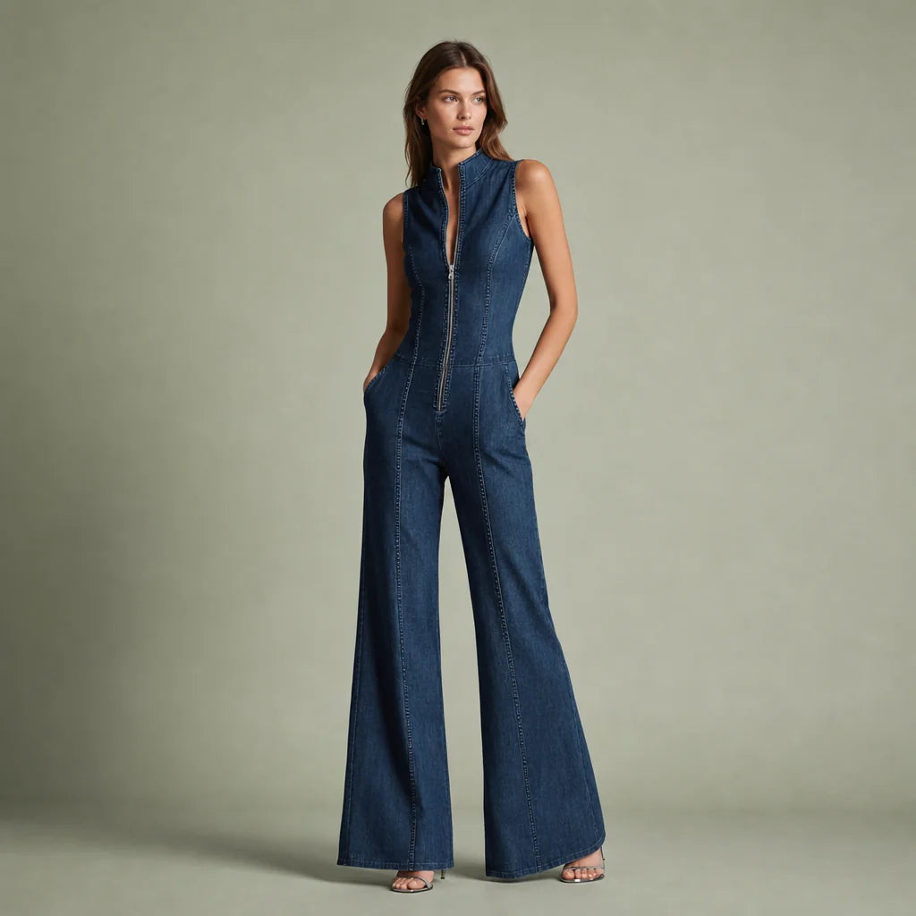 Women's Stretch Denim Jumpsuit | Retro High-Neck Flared Design for Spring Summer 0