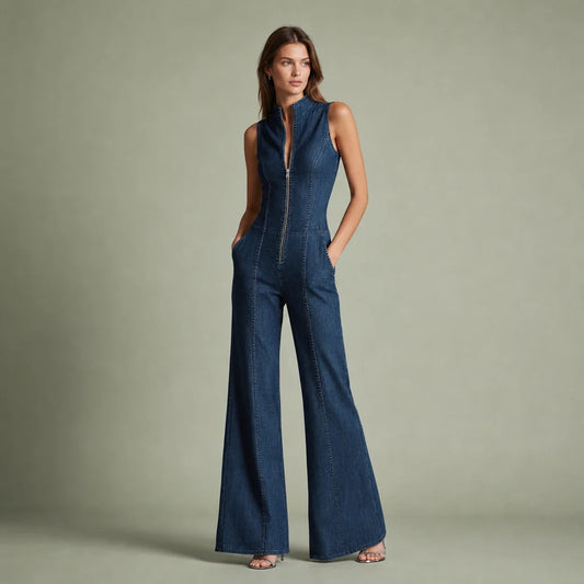 Women's Stretch Denim Jumpsuit | Retro High-Neck Flared Design for Spring Summer 0