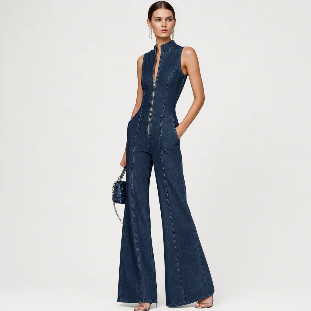Women's Stretch Denim Jumpsuit | Retro High-Neck Flared Design for Spring Summer 1