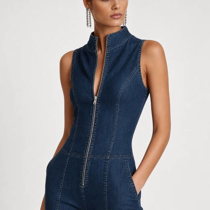 Women's Stretch Denim Jumpsuit | Retro High-Neck Flared Design for Spring Summer 2