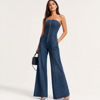 Women's Stretch Denim Jumpsuit | Retro High-Neck Flared Design for Spring Summer 3
