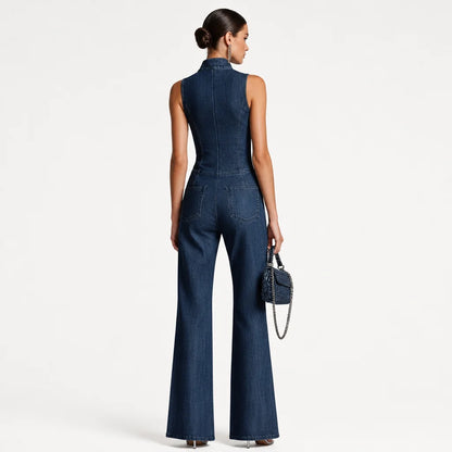 Women's Stretch Denim Jumpsuit | Retro High-Neck Flared Design for Spring Summer 4