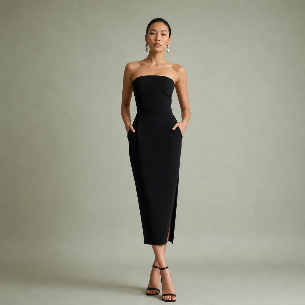 Women's Stretch Knit Midi Dress | Elegant Strapless Bodycon Summer Dress 0