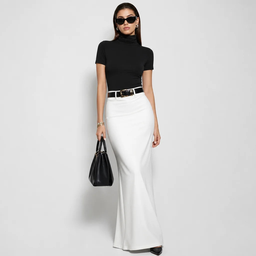 Women's Stretch Knit Turtleneck Top & Woven Midi Skirt Set | Elegant Two-Piece Outfit for Spring & Autumn 2