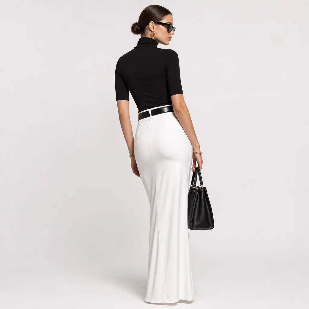 Women's Stretch Knit Turtleneck Top & Woven Midi Skirt Set | Elegant Two-Piece Outfit for Spring & Autumn 3