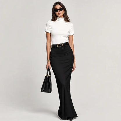 Women's Stretch Knit Turtleneck Top & Woven Midi Skirt Set | Elegant Two-Piece Outfit for Spring & Autumn 4
