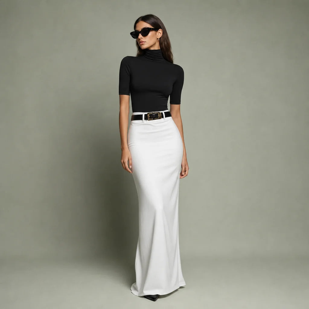 Women's Stretch Knit Turtleneck Top and Woven Midi Skirt Set | Elegant Black and White Two Piece Set 0