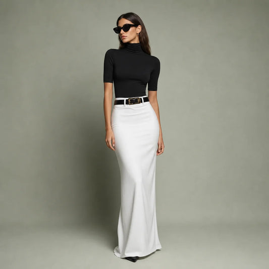 Women's Stretch Knit Turtleneck Top and Woven Midi Skirt Set | Elegant Black and White Two Piece Set 0