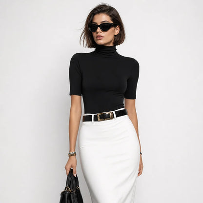 Women's Stretch Knit Turtleneck Top and Woven Midi Skirt Set | Elegant Black and White Two Piece Set 1