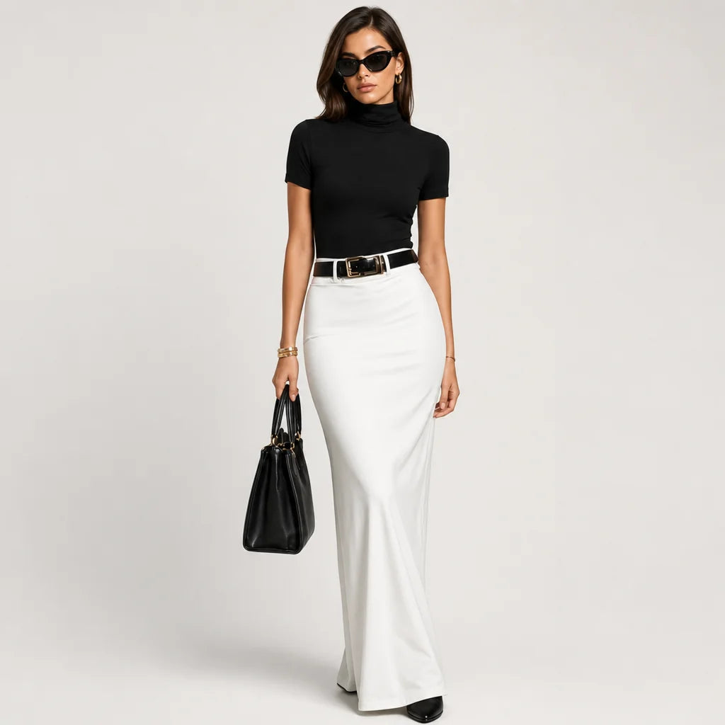 Women's Stretch Knit Turtleneck Top and Woven Midi Skirt Set | Elegant Black and White Two Piece Set 2