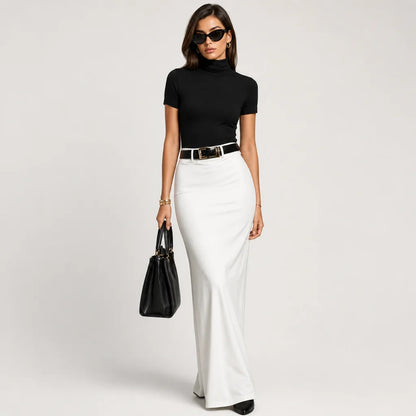 Women's Stretch Knit Turtleneck Top and Woven Midi Skirt Set | Elegant Black and White Two Piece Set 2