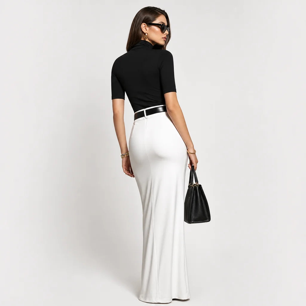 Women's Stretch Knit Turtleneck Top and Woven Midi Skirt Set | Elegant Black and White Two Piece Set 3