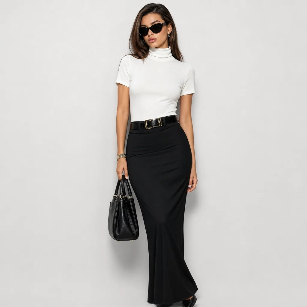 Women's Stretch Knit Turtleneck Top and Woven Midi Skirt Set | Elegant Black and White Two Piece Set 4