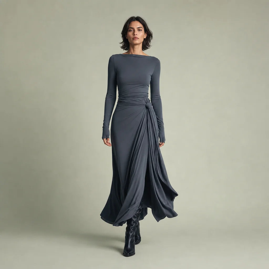 Women's Stretch Polyester-Cotton Maxi Dress | Elegant Wrap Design with Knot Detail 0