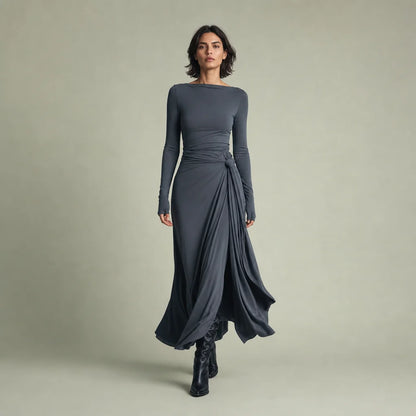 Women's Stretch Polyester-Cotton Maxi Dress | Elegant Wrap Design with Knot Detail 0