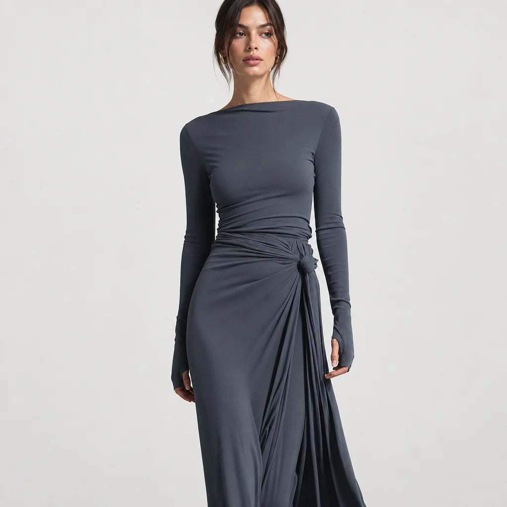 Women's Stretch Polyester-Cotton Maxi Dress | Elegant Wrap Design with Knot Detail 1