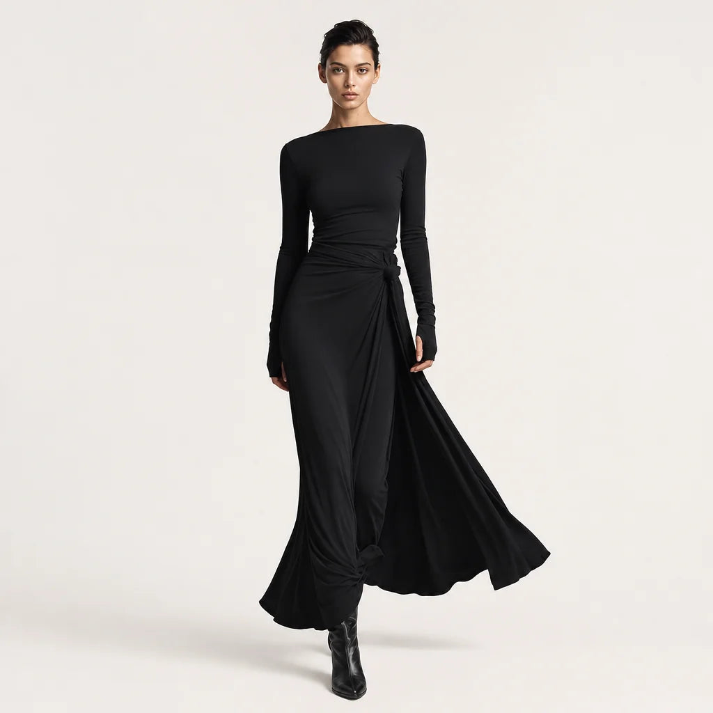 Women's Stretch Polyester-Cotton Maxi Dress | Elegant Wrap Design with Knot Detail 3