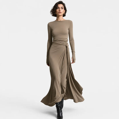 Women's Stretch Polyester-Cotton Maxi Dress | Elegant Wrap Design with Knot Detail 5