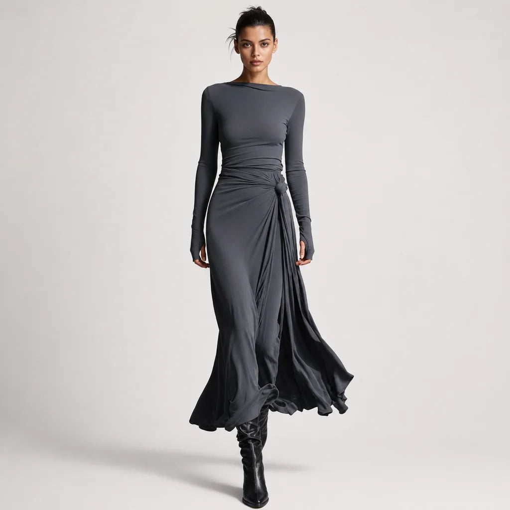 Women's Stretch Polyester-Cotton Maxi Dress | Elegant Wrap Design with Knot Detail 6