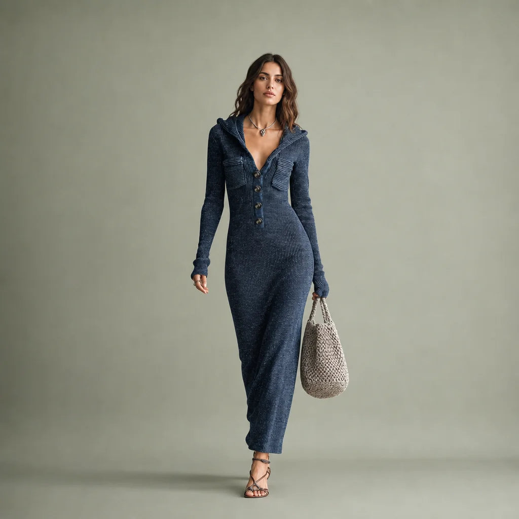 Women's Stretchy Knit Maxi Dress | Cozy Hooded Long Sleeve Casual Dress 0