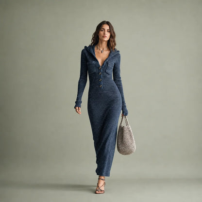 Women's Stretchy Knit Maxi Dress | Cozy Hooded Long Sleeve Casual Dress 0
