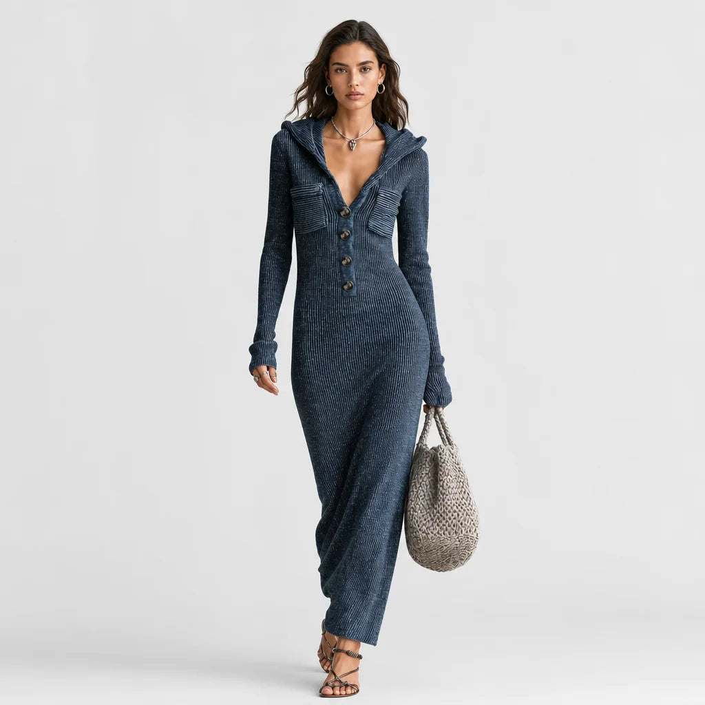 Women's Stretchy Knit Maxi Dress | Cozy Hooded Long Sleeve Casual Dress 3