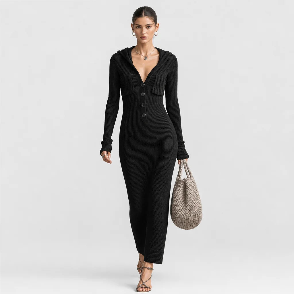 Women's Stretchy Knit Maxi Dress | Cozy Hooded Long Sleeve Casual Dress 5