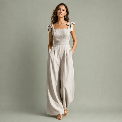 Women's Striped Linen-Blend Jumpsuit | Breezy Wide-Leg Summer Outfit 0