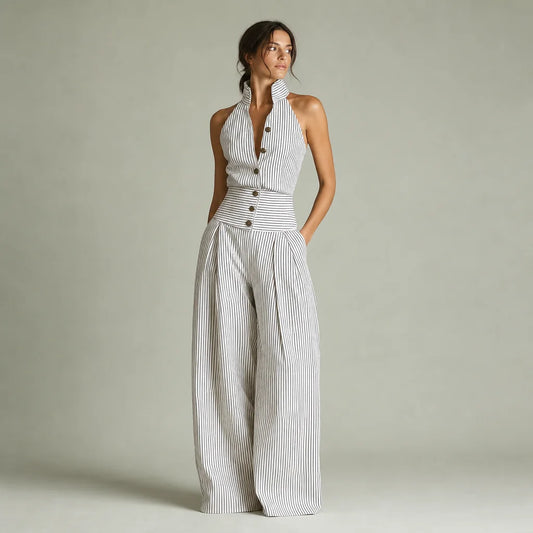 Women's Striped Linen Jumpsuit | Chic Sleeveless Summer Outfit 0