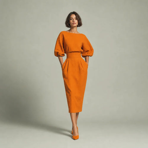 Women's Stylish Cotton Blend Two-Piece Skirt Set | Elegant Midi Skirt with Puffed Sleeve Top 0