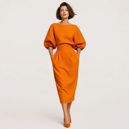 Women's Stylish Cotton Blend Two-Piece Skirt Set | Elegant Midi Skirt with Puffed Sleeve Top 1
