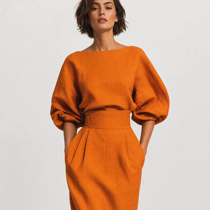 Women's Stylish Cotton Blend Two-Piece Skirt Set | Elegant Midi Skirt with Puffed Sleeve Top 2