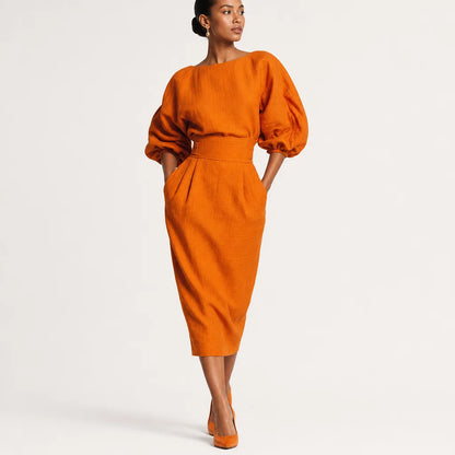 Women's Stylish Cotton Blend Two-Piece Skirt Set | Elegant Midi Skirt with Puffed Sleeve Top 3