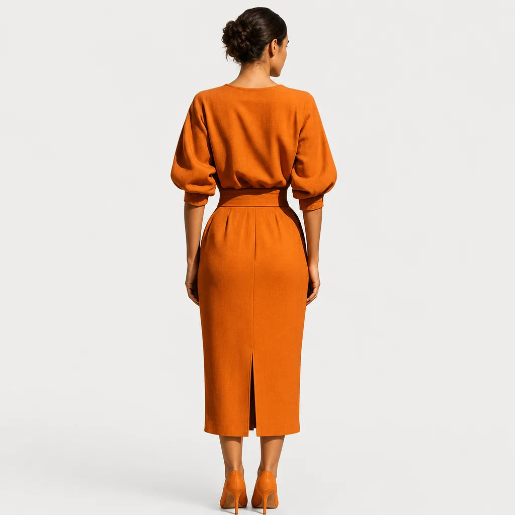 Women's Stylish Cotton Blend Two-Piece Skirt Set | Elegant Midi Skirt with Puffed Sleeve Top 4