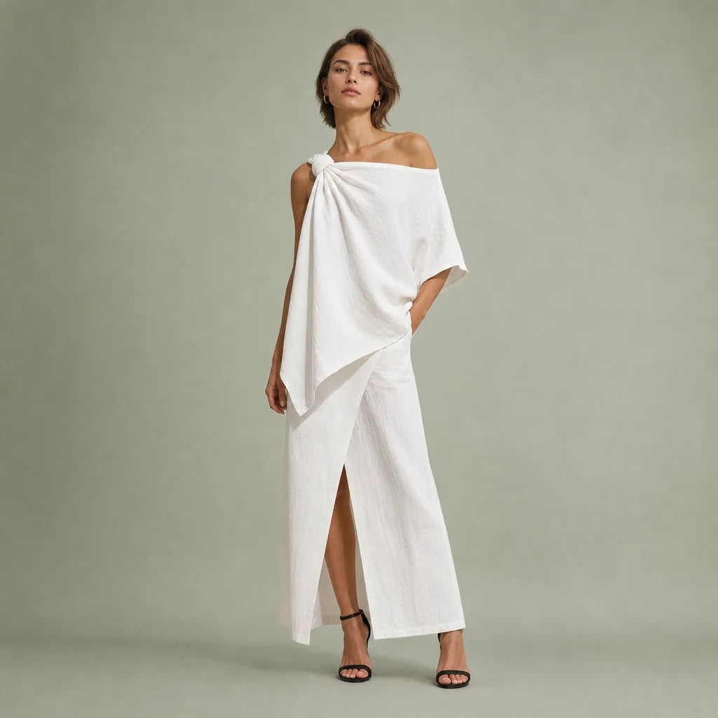 Women's Textured Linen Set | Chic One-Shoulder Knot Detail Resort Outfit 0