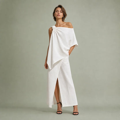 Women's Textured Linen Set | Chic One-Shoulder Knot Detail Resort Outfit 0