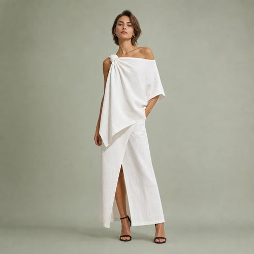 Women's Textured Linen Set | Chic One-Shoulder Knot Detail Resort Outfit 0
